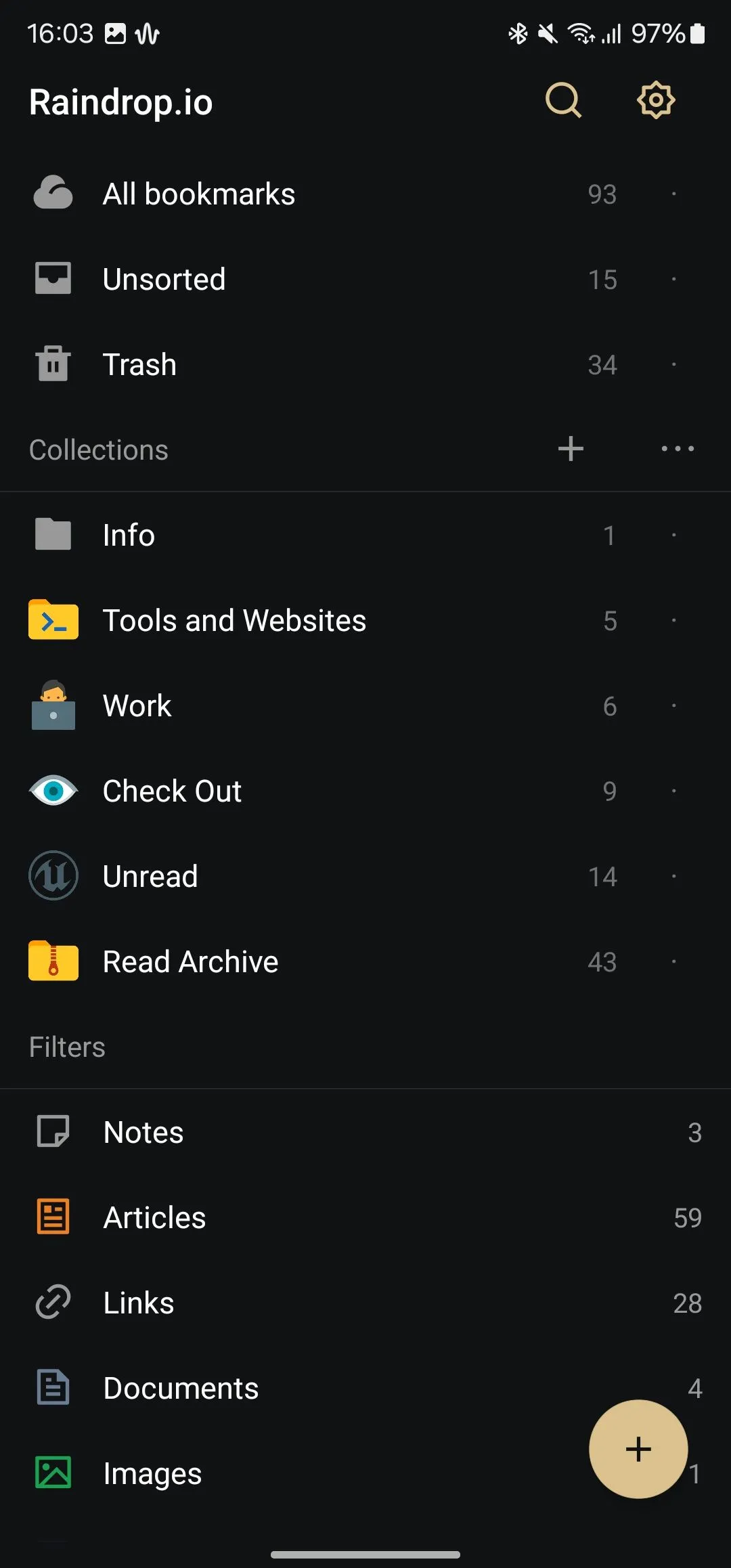 Chế độ xem chính của ứng dụng quản lý bookmark Raindrop, hiển thị các bộ sưu tập (collections) và mục đã lưu được sắp xếp gọn gàng.