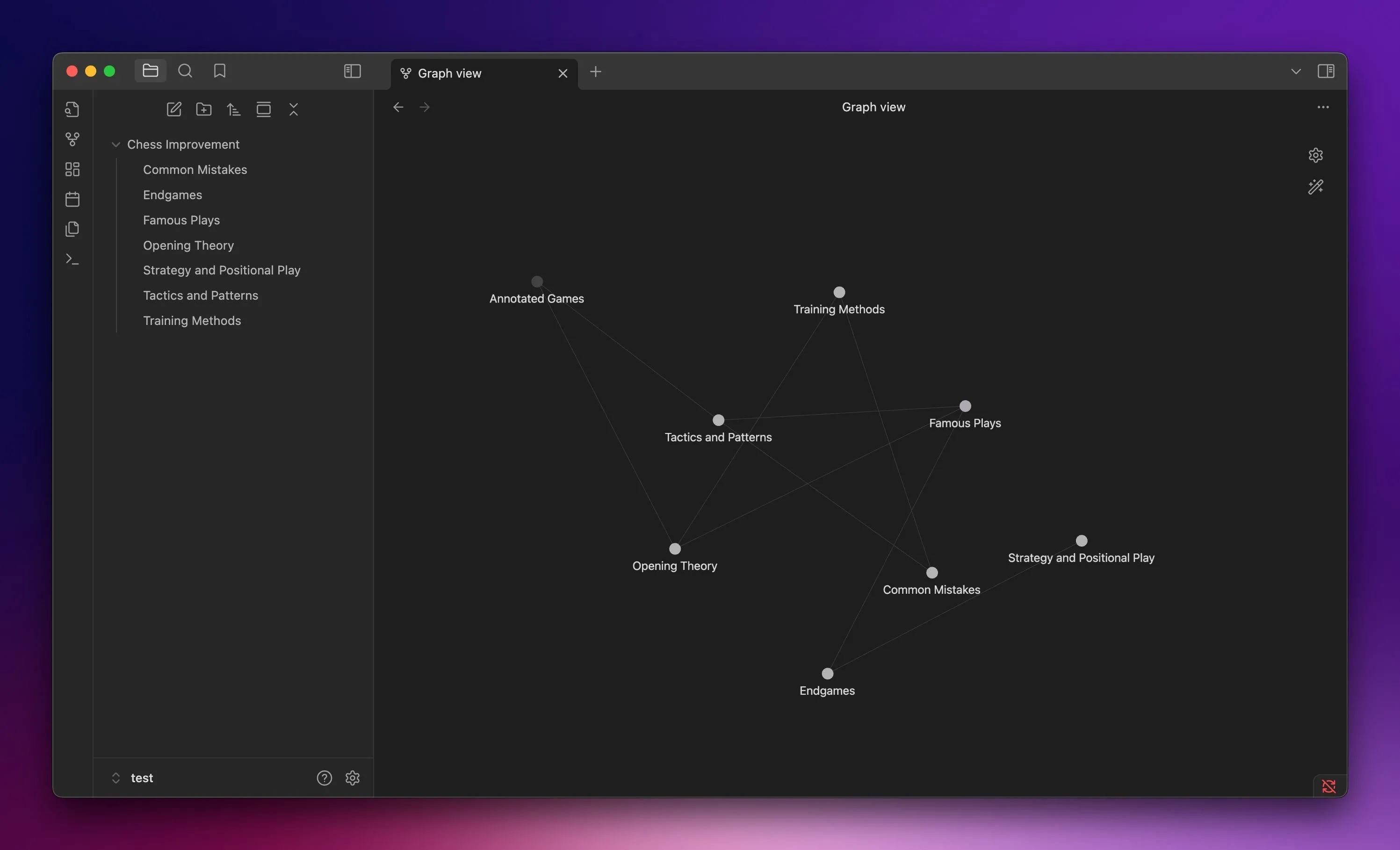 Chế độ xem đồ thị (Graph View) của một vault trong Obsidian trên máy Mac, hiển thị các liên kết và mối quan hệ giữa các ghi chú.