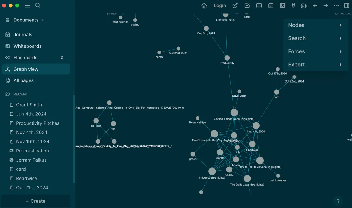 Chế độ xem đồ thị (graph view) trong Logseq hiển thị các kết nối giữa các ý tưởng, minh họa cách PKM thúc đẩy tư duy sáng tạo và giải quyết vấn đề.