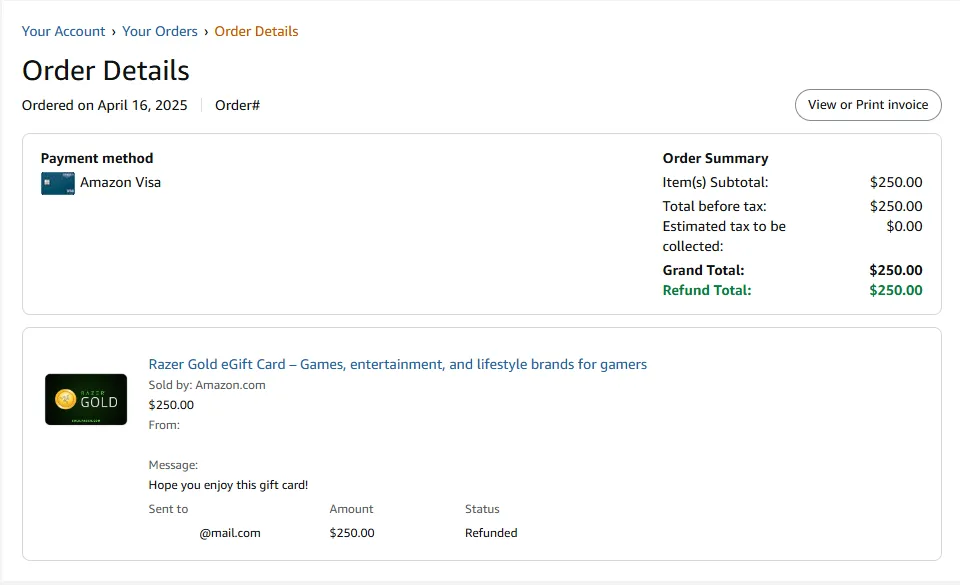 Chi tiết đơn hàng mua thẻ quà tặng Razer Gold bị lừa đảo trên Amazon
