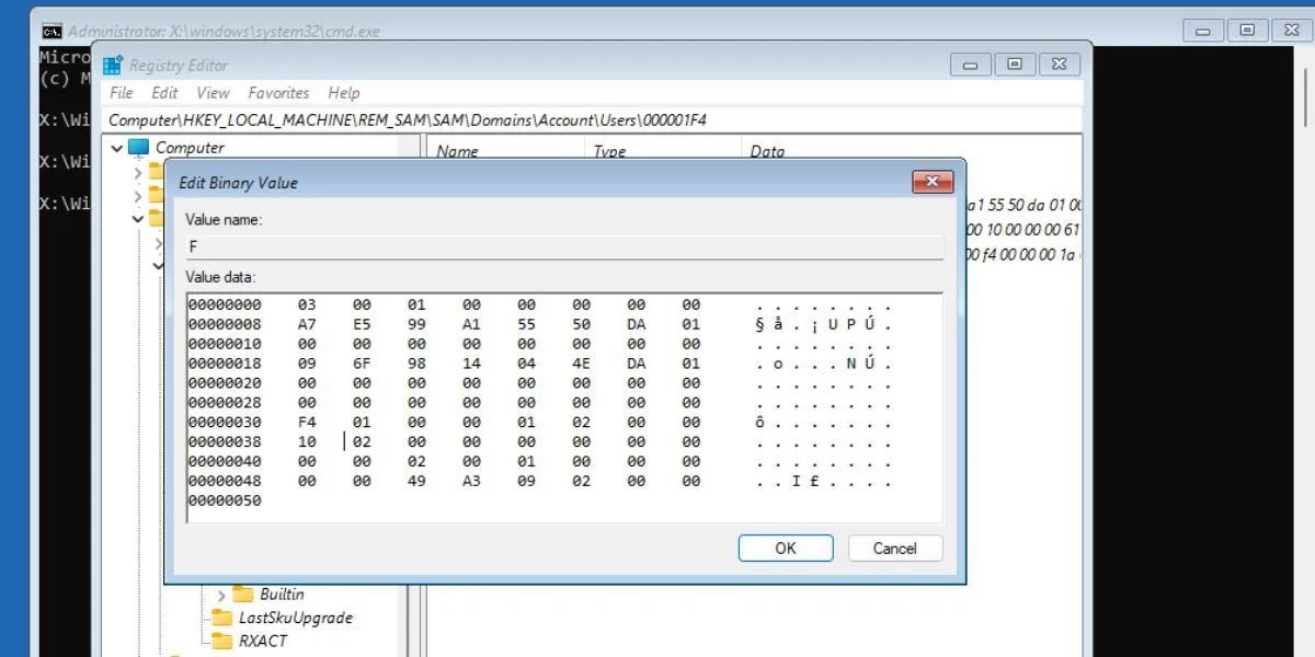 Chỉnh sửa giá trị nhị phân F trong Registry Editor để kích hoạt tài khoản quản trị viên ẩn, giúp sửa lỗi hồ sơ người dùng.