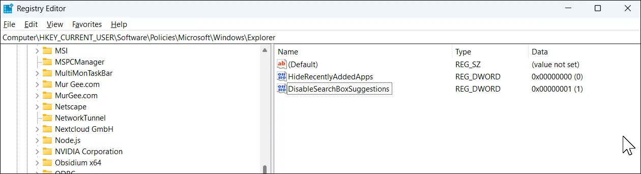 Chỉnh sửa Registry Editor trên Windows 11 để tắt gợi ý tìm kiếm Bing