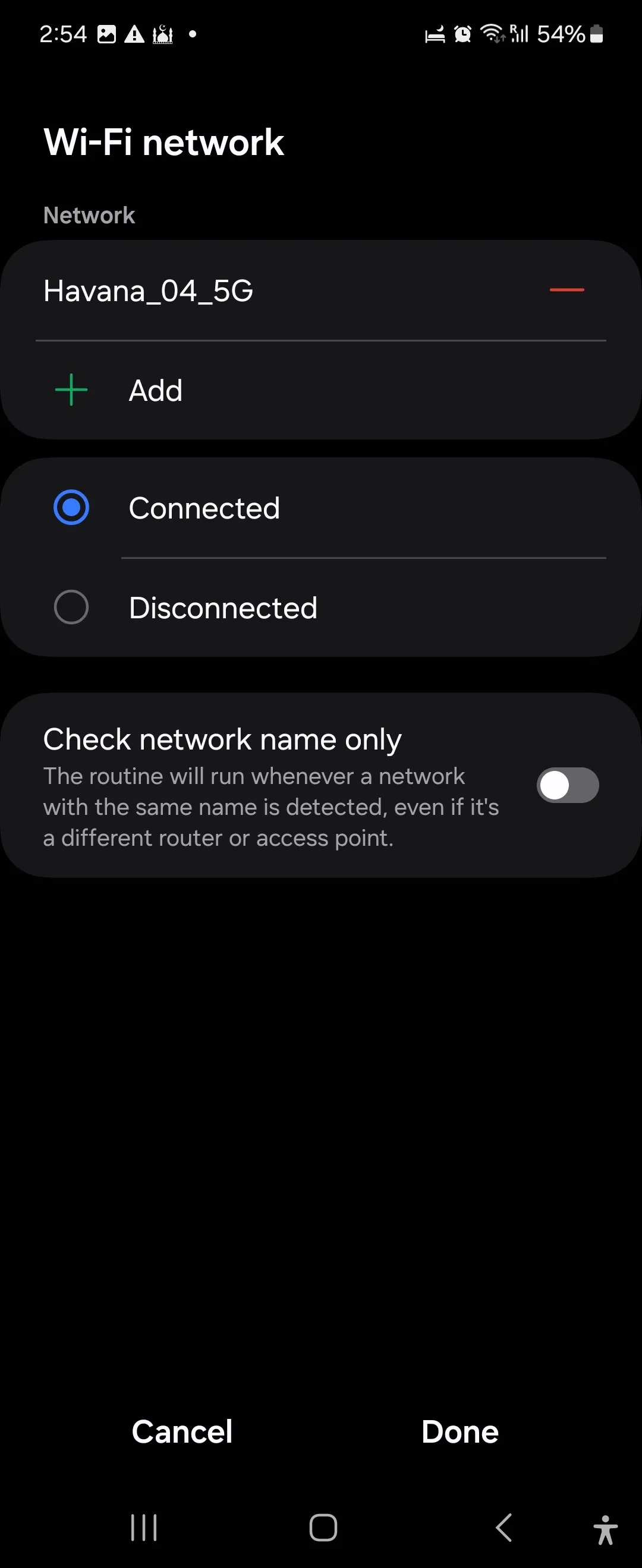 Chọn mạng Wi-Fi làm điều kiện kích hoạt thay đổi màn hình khóa trong Chế độ và Quy trình Samsung