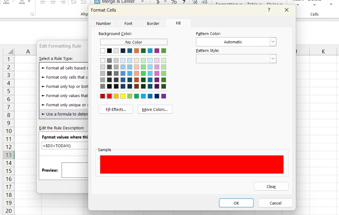 Chọn màu nền (Fill Color) cho định dạng có điều kiện trong Excel