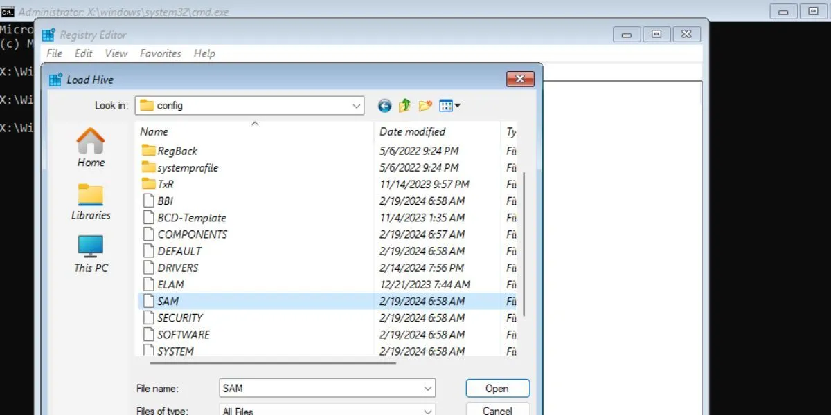 Chọn tệp SAM để tải Hive trong Registry Editor, một bước quan trọng khi sửa lỗi hồ sơ người dùng.