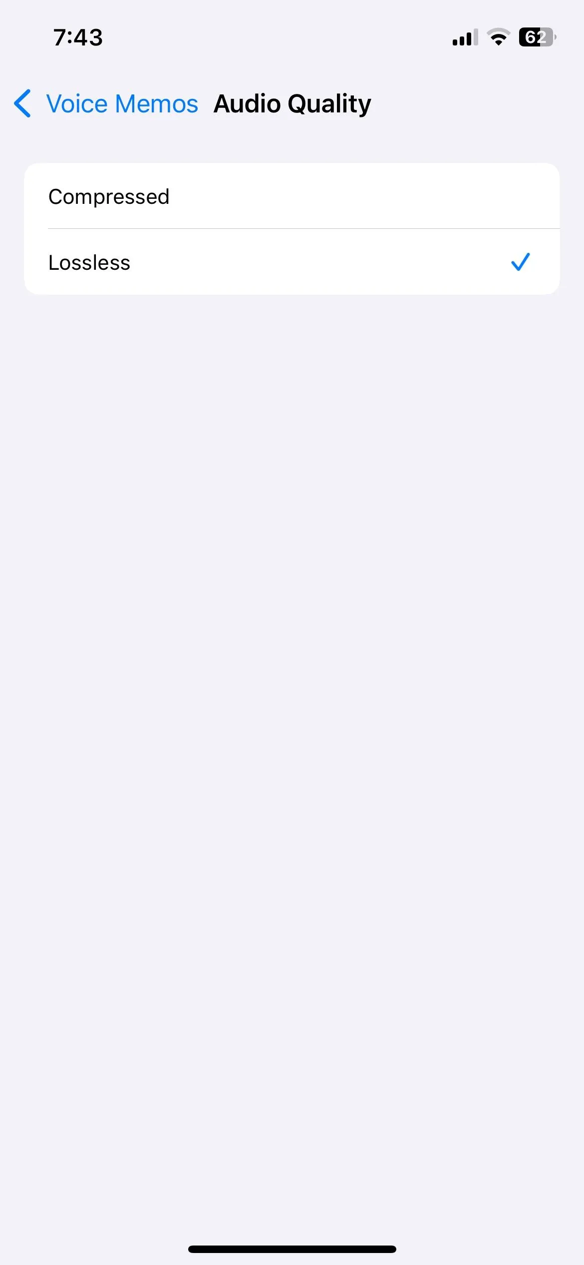 Chọn tùy chọn &quot;Không mất dữ liệu&quot; (Lossless) để ghi âm chất lượng cao trong ứng dụng Ghi âm iPhone
