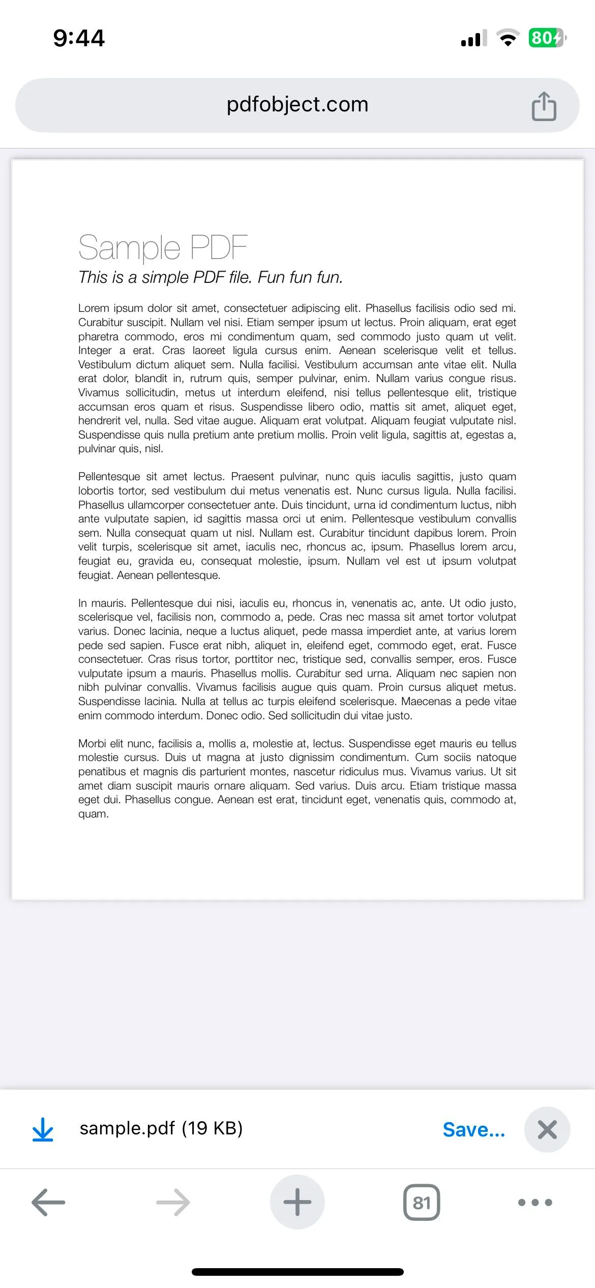 Chrome hiển thị tệp PDF mẫu trên iPhone