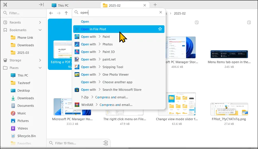 Chức năng tìm kiếm lệnh trên menu ngữ cảnh của File Pilot giúp thao tác nhanh hơn