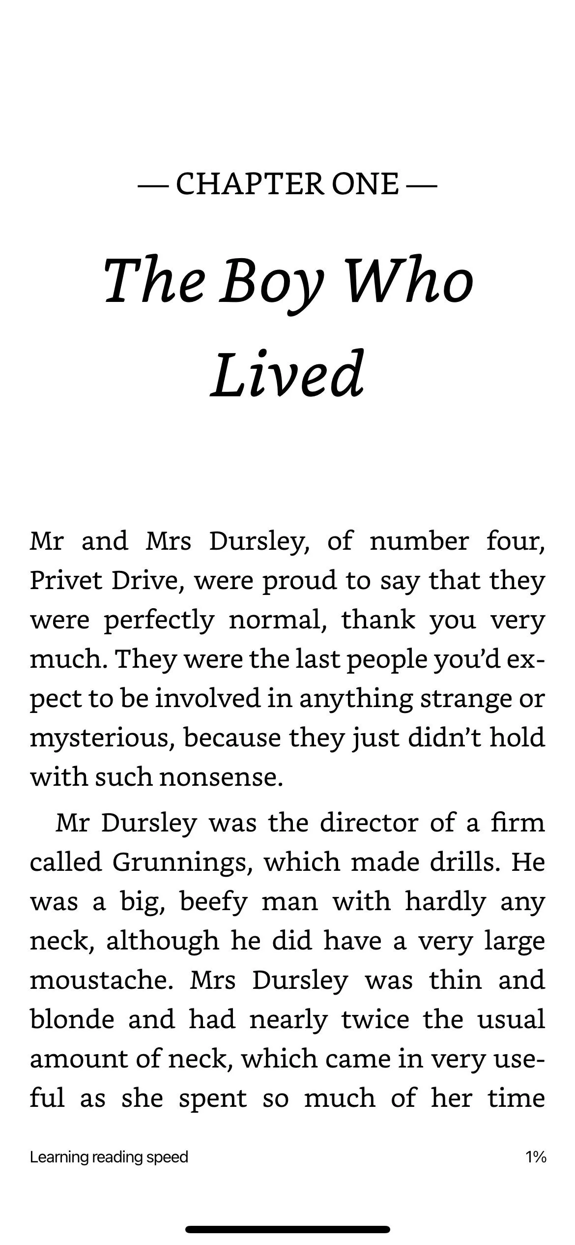 Chương đầu tiên của sách Harry Potter hiển thị trên ứng dụng Amazon Kindle