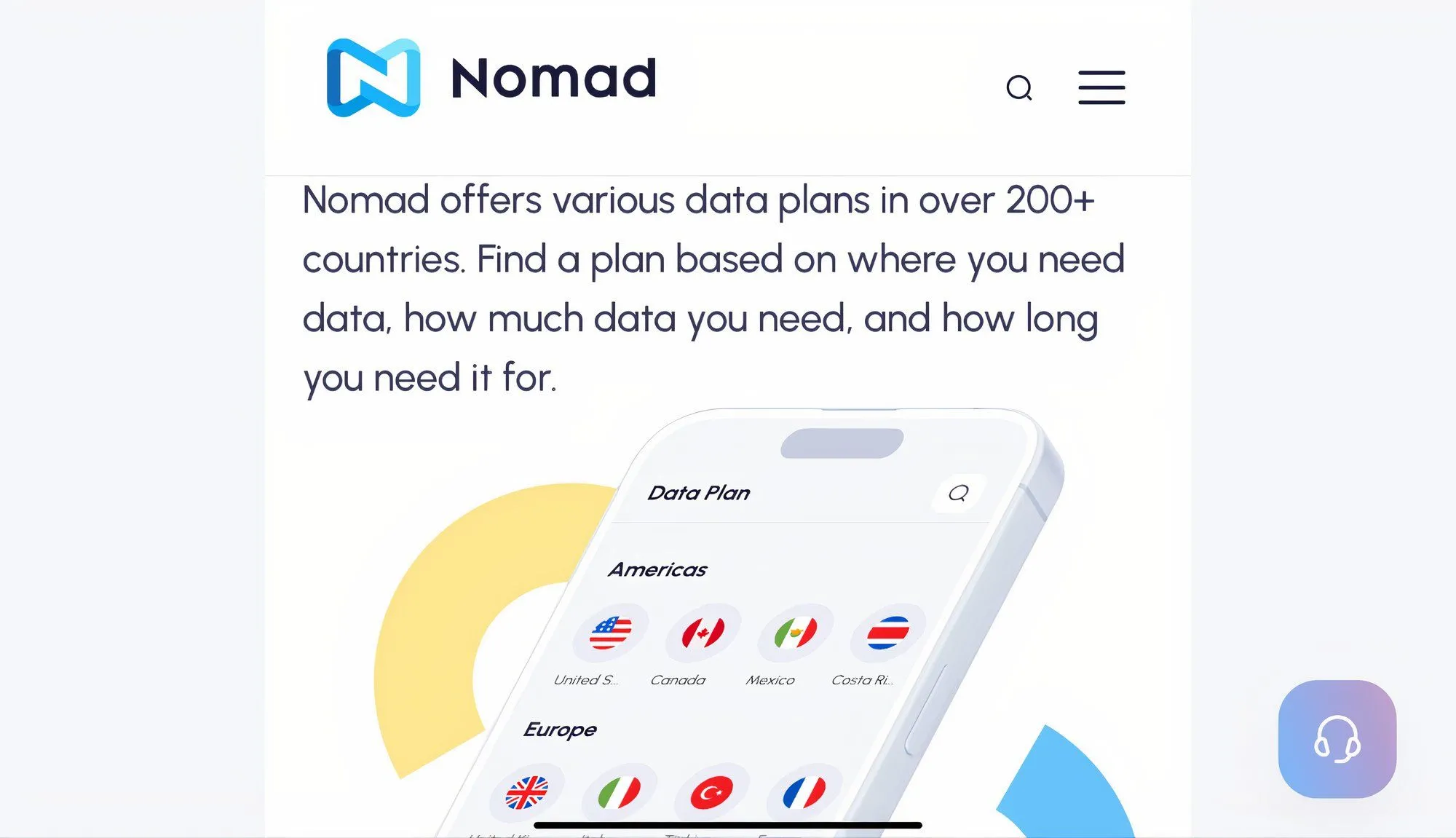 Chụp màn hình trang chủ Nomad với các gói eSIM giá trị và khu vực phủ sóng.