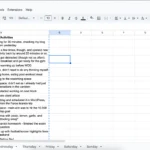 Chụp màn hình ứng dụng Google Sheets hiển thị nhật ký buổi sáng thứ Hai với các cột Thời gian và Hoạt động