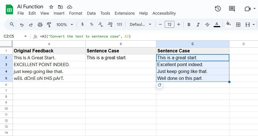 Chuyển đổi một dải ô sang dạng chữ thường theo kiểu câu bằng AI trong Google Sheets