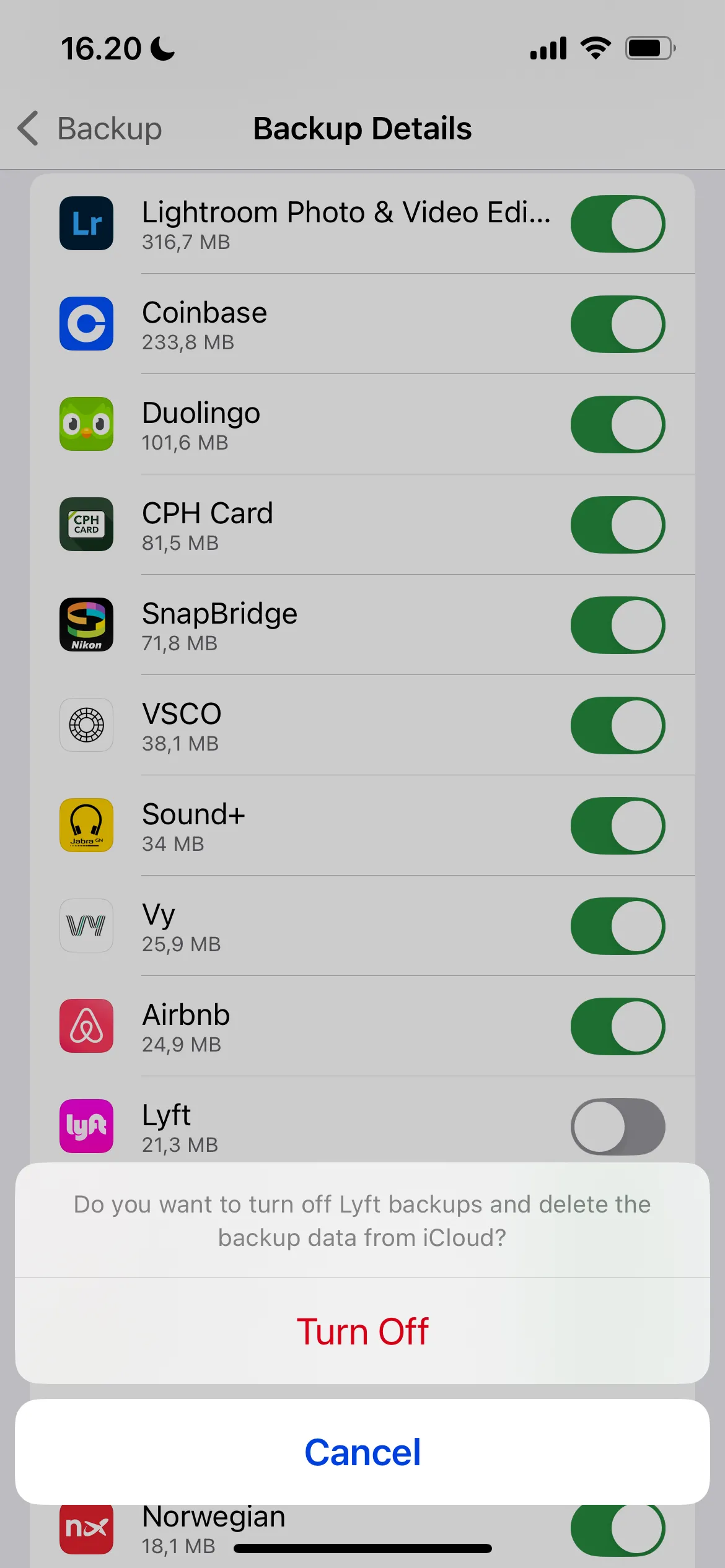 Chuyển đổi tắt cài đặt sao lưu iCloud cho từng ứng dụng cụ thể.