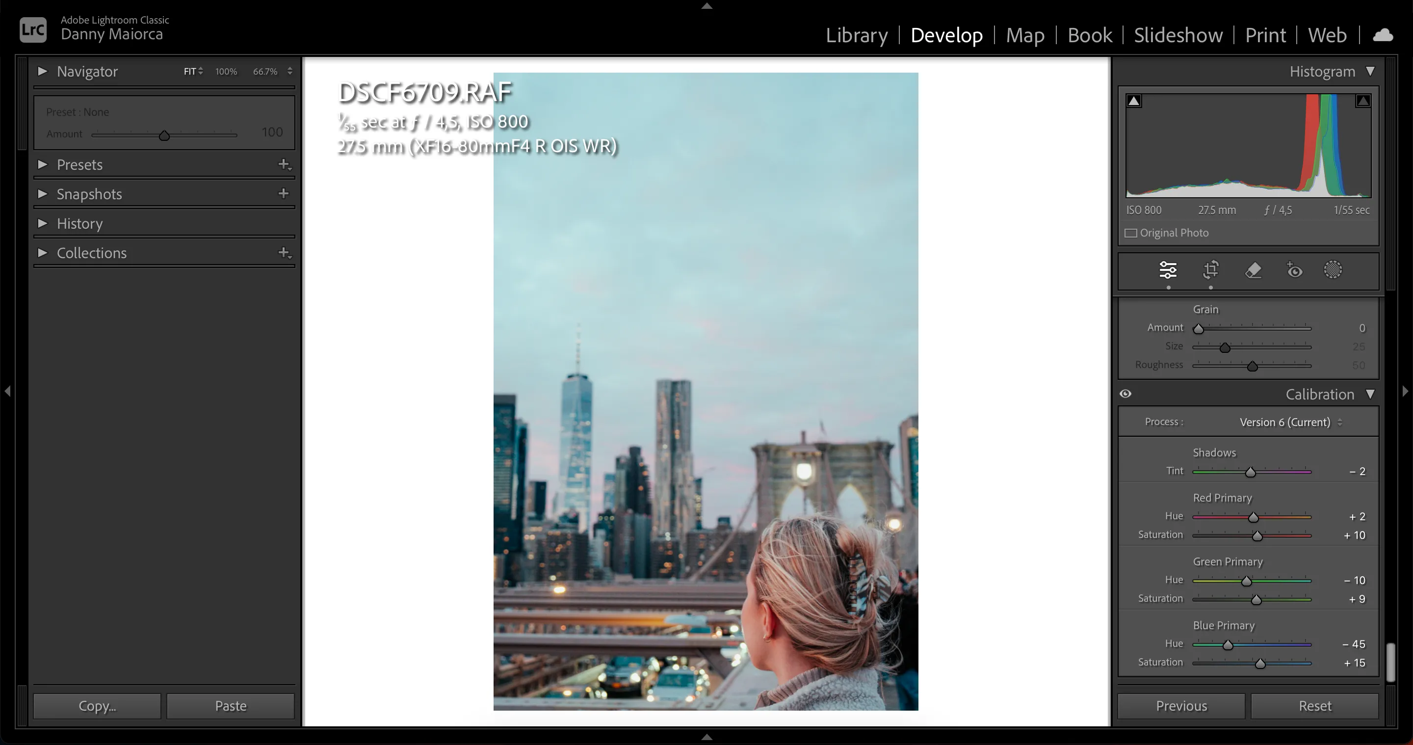 Công cụ hiệu chỉnh màu (Calibration Tool) trong Lightroom Classic, hiển thị các thanh trượt điều chỉnh màu sắc cơ bản của ảnh.