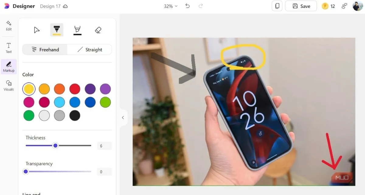 Công cụ Markup trong Microsoft Designer cho phép chú thích ảnh với các nét vẽ đa dạng và tùy chọn đường thẳng chuyên nghiệp