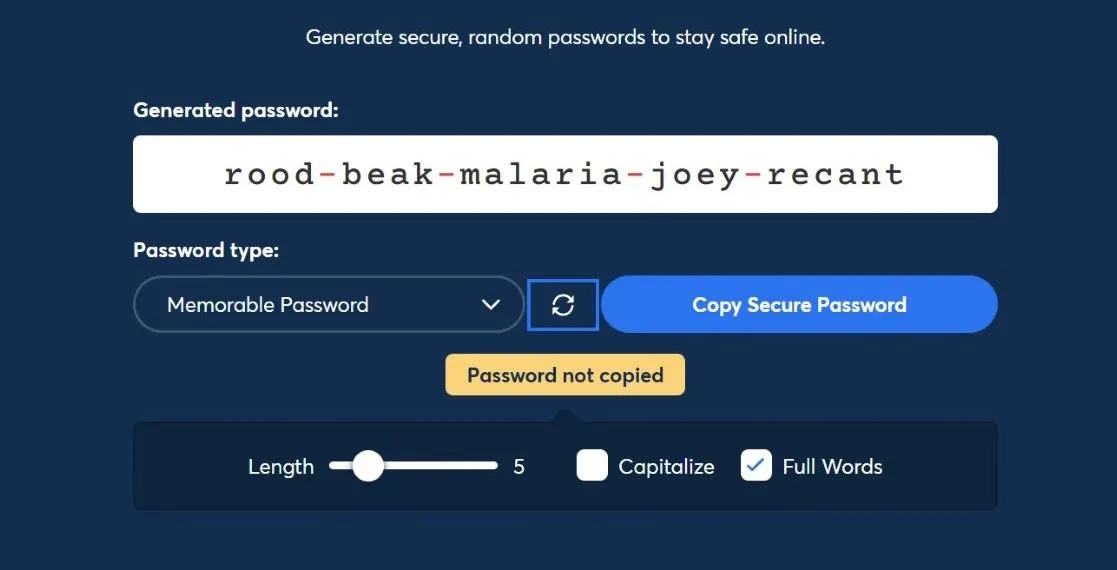 Công cụ tạo cụm mật khẩu (passphrase) trong 1Password, hiển thị cách tạo chuỗi từ ngẫu nhiên để tăng cường độ mạnh của mật khẩu.