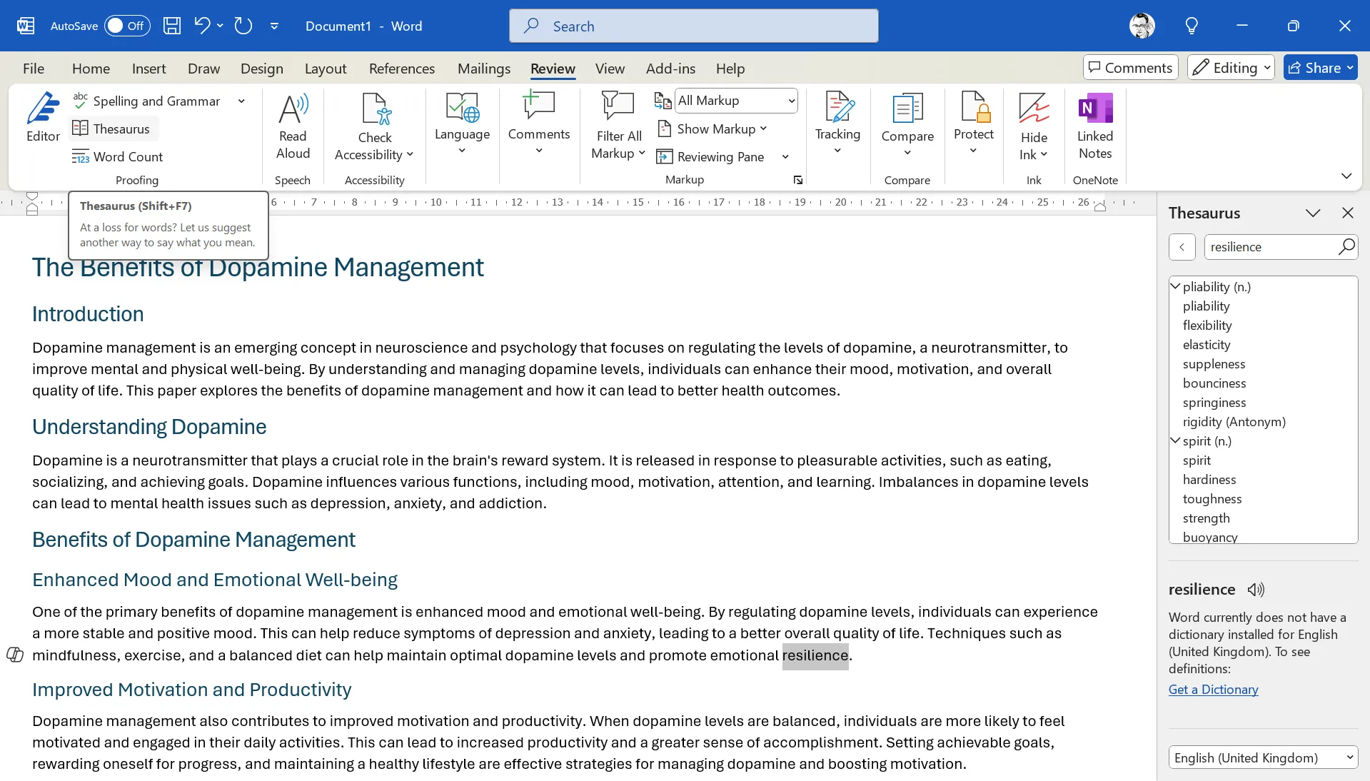 Công cụ Thesaurus (Từ điển Đồng nghĩa) trong Microsoft Office giúp tìm từ phù hợp nhanh chóng.