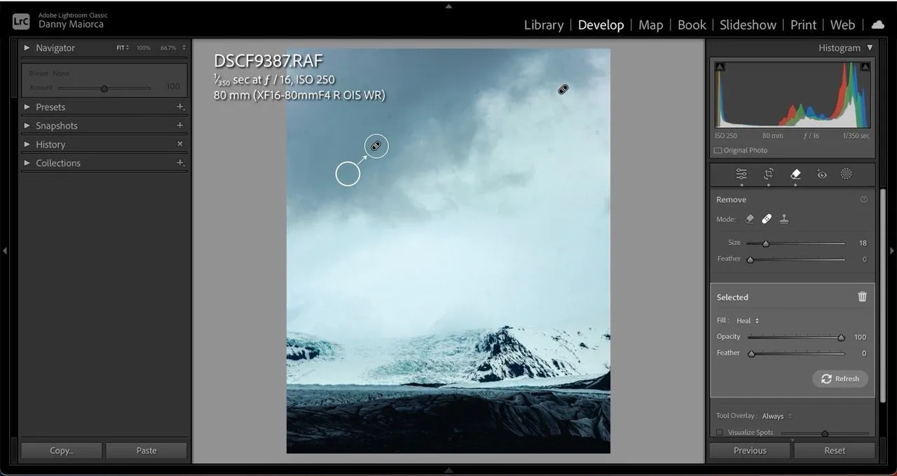 Công cụ xóa điểm của Lightroom trên bức ảnh có vết bẩn rõ ràng