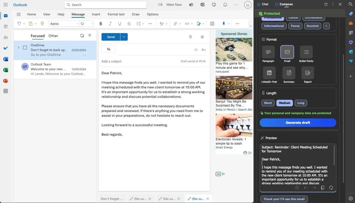 Copilot trong Edge hỗ trợ soạn thảo email