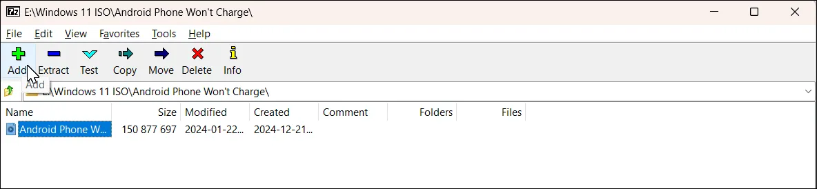 Cửa sổ 'Add to Archive' của 7-Zip trên Windows 11, hiển thị tùy chọn thêm file vào kho lưu trữ.