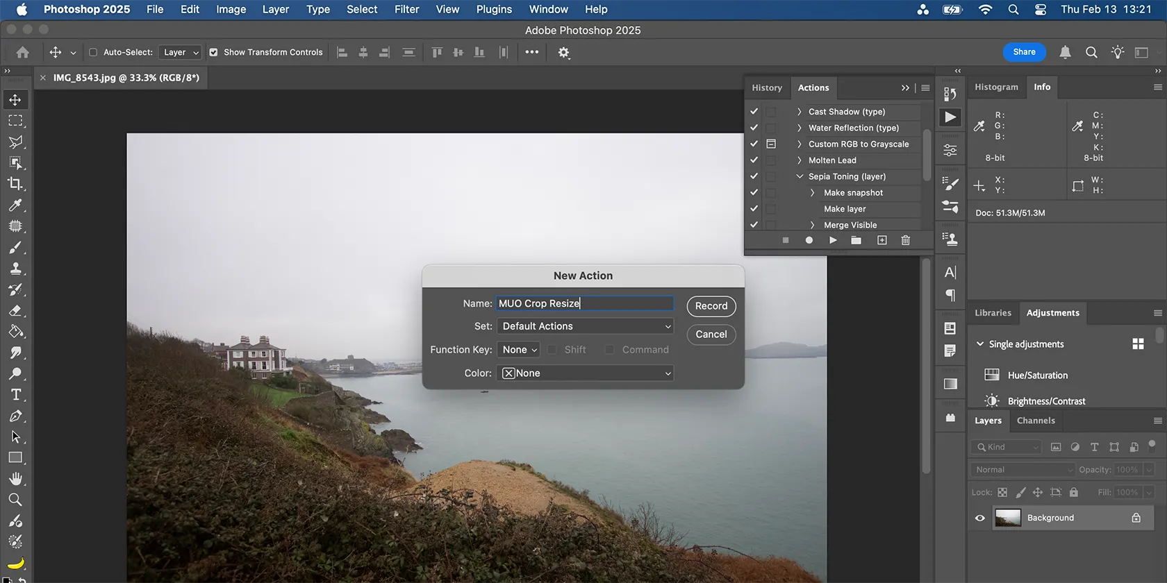 Cửa sổ bật lên để tạo Action Photoshop mới