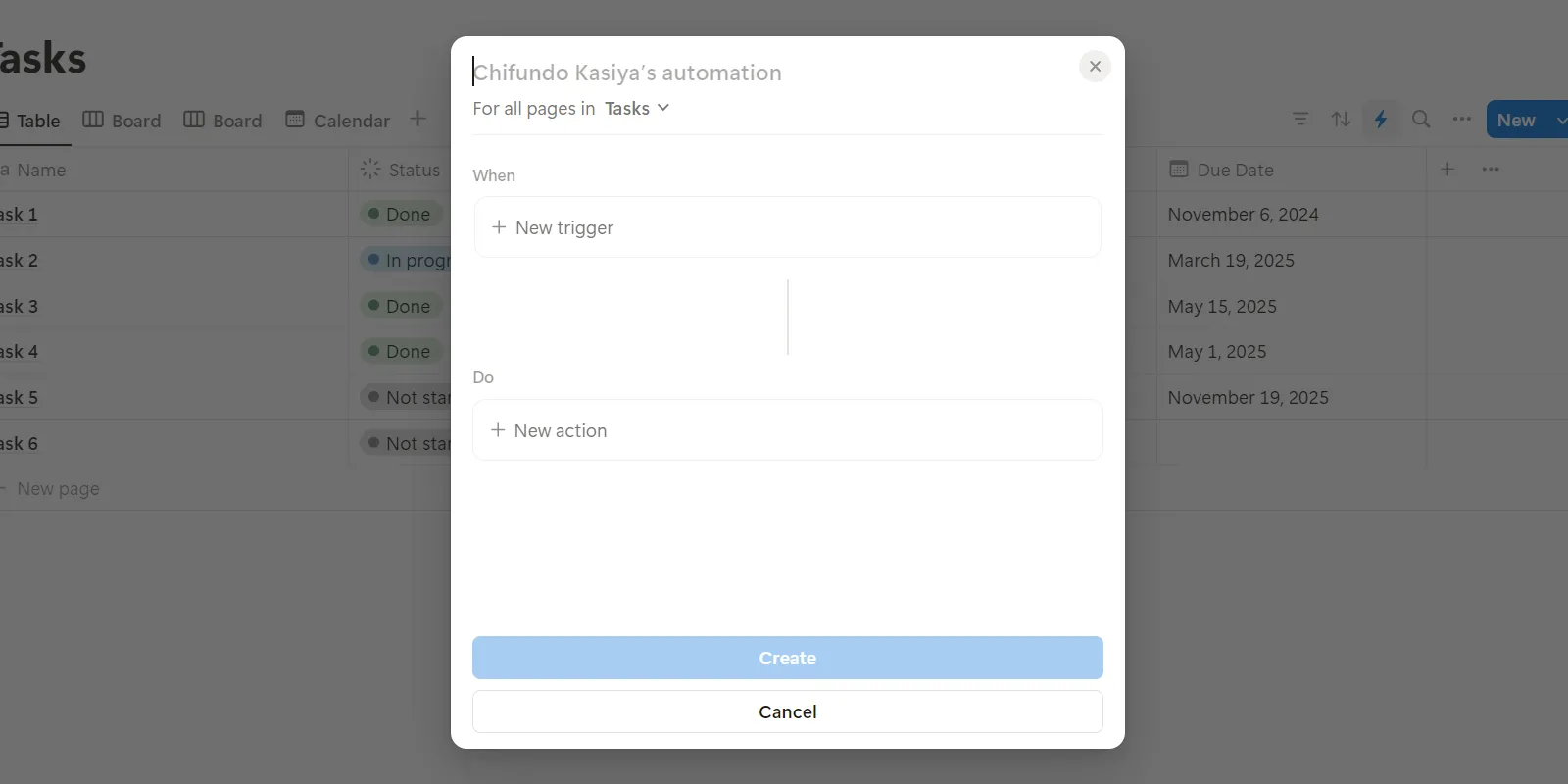 Cửa sổ bật lên để tạo một quy trình tự động hóa (automation) mới trong Notion.