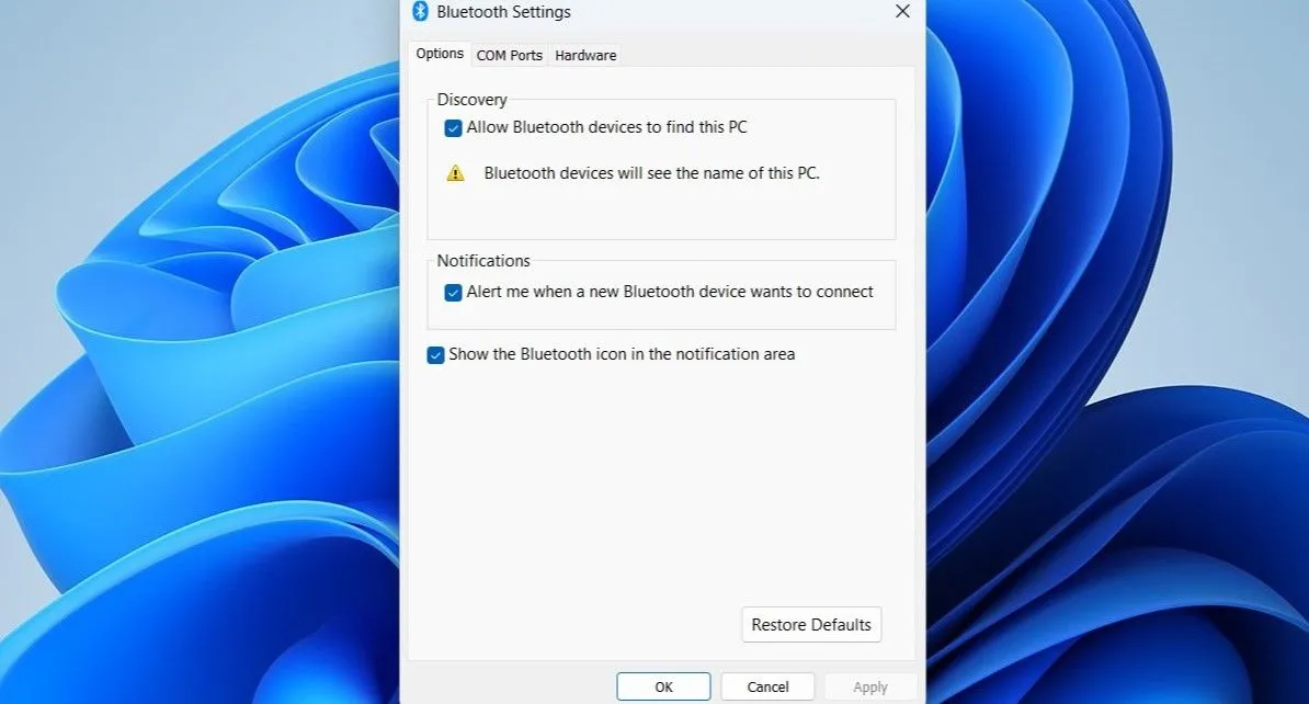 Cửa sổ cài đặt Bluetooth