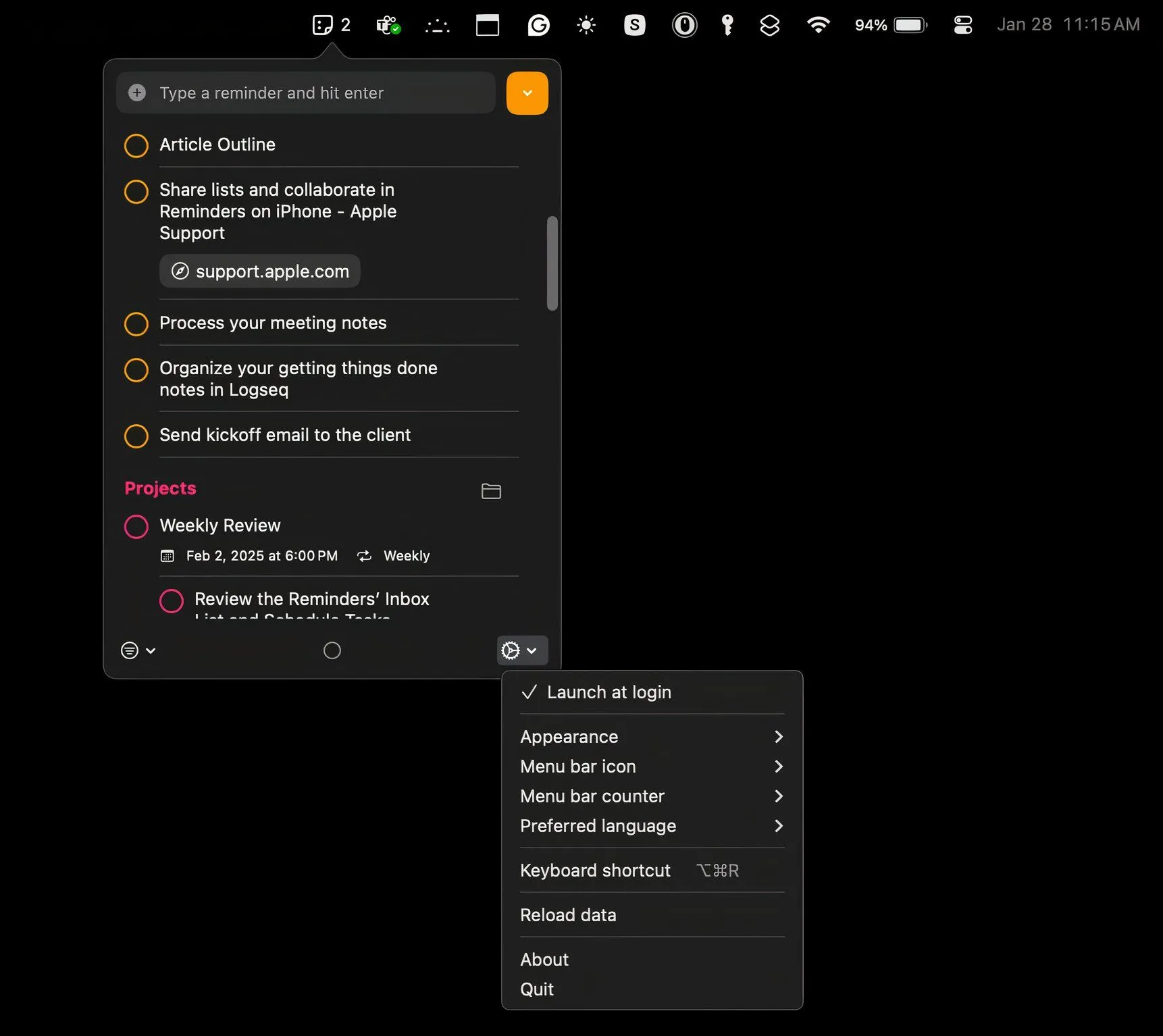 Cửa sổ cài đặt của ứng dụng Reminders MenuBar, nơi người dùng có thể cấu hình khởi chạy khi đăng nhập và đặt phím tắt toàn hệ thống cho lời nhắc.
