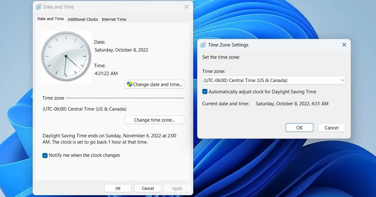 Cửa sổ cài đặt Ngày và Giờ trong Bảng Điều Khiển trên Windows, hiển thị tùy chọn tự động điều chỉnh giờ mùa hè