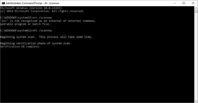 Cửa sổ Command Prompt hiển thị lệnh sfc /scannow