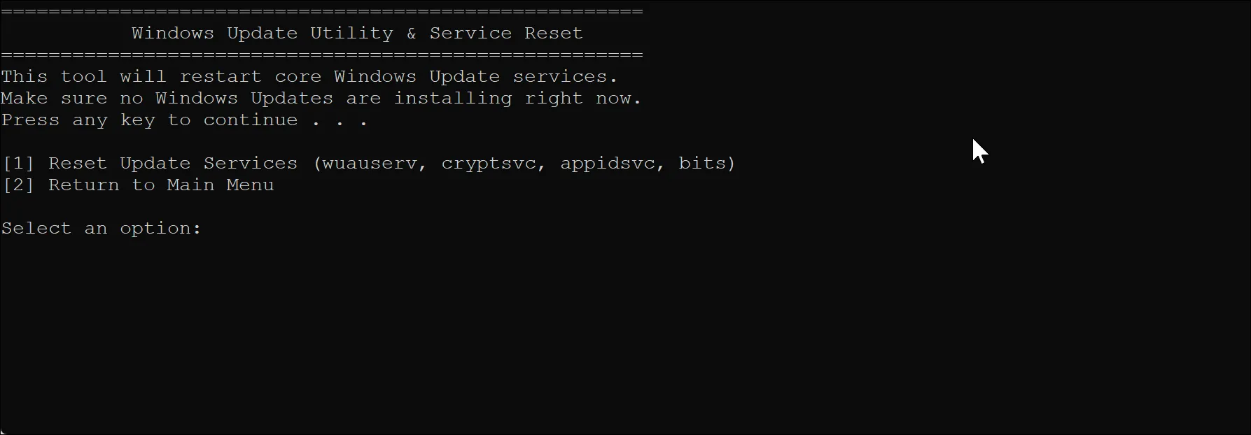 Cửa sổ Command Prompt hiển thị quá trình thực thi tùy chọn Windows Update Utility &amp; Service Reset trong Windows Maintenance Tool.