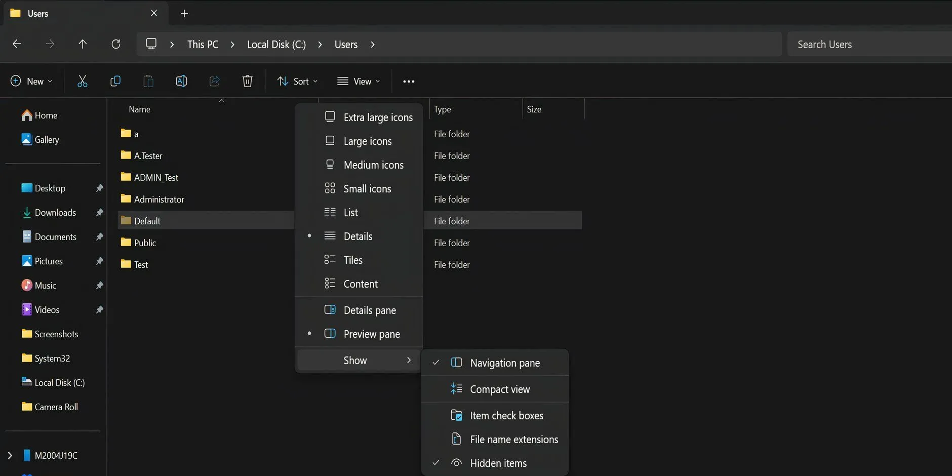 Cửa sổ File Explorer hiển thị tùy chọn &quot;Hidden items&quot; trong mục &quot;Show&quot; để hiển thị các tệp ẩn khi thay thế NTUSER.DAT.