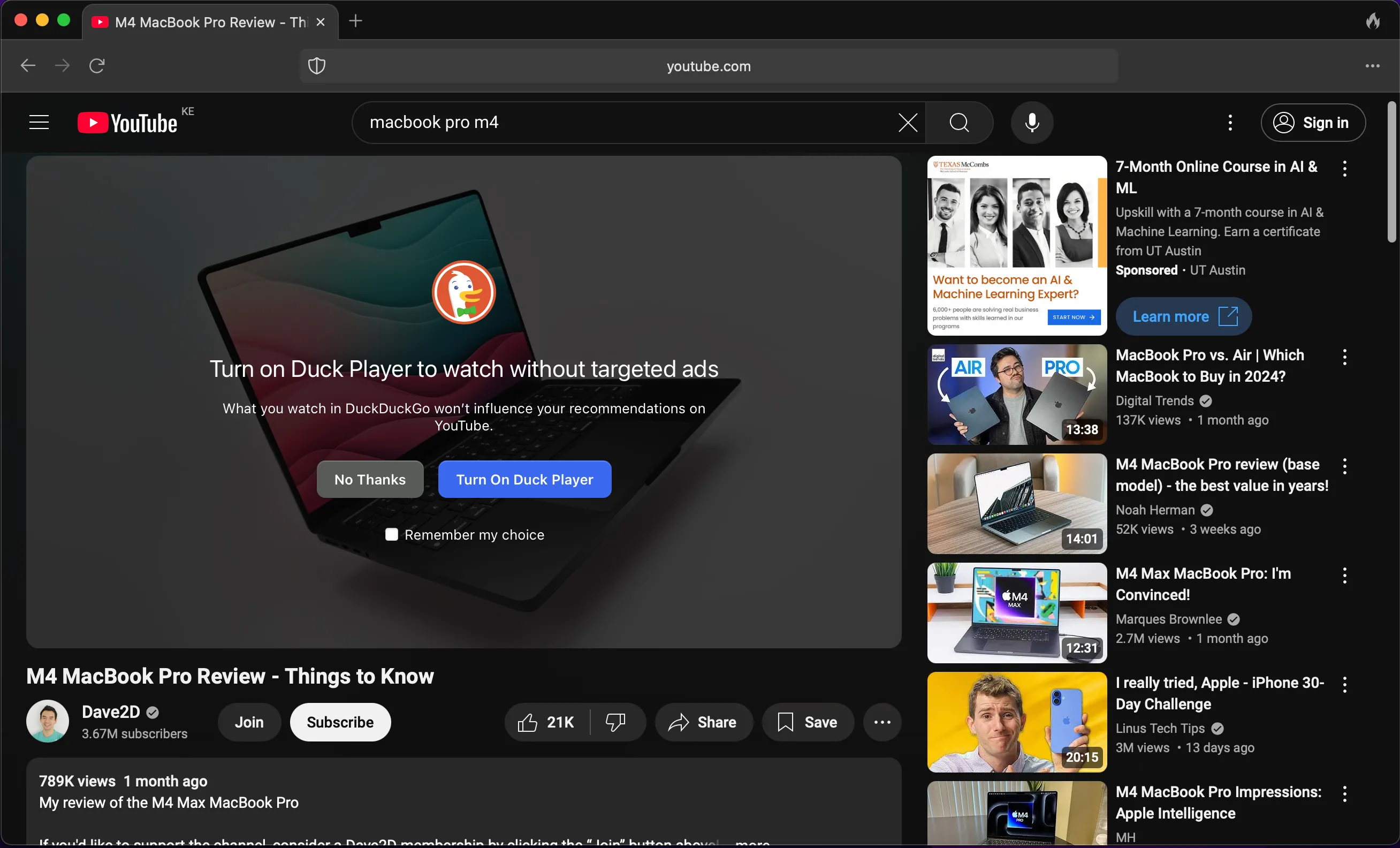 Cửa sổ lựa chọn Duck Player khi xem video YouTube trên trình duyệt DuckDuckGo để bảo vệ riêng tư