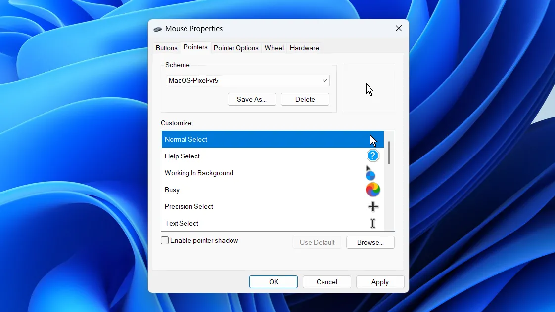 Cửa sổ Mouse Properties (main.cpl) trên Windows 11 hiển thị các tùy chỉnh tốc độ con trỏ và kiểu dáng chuột