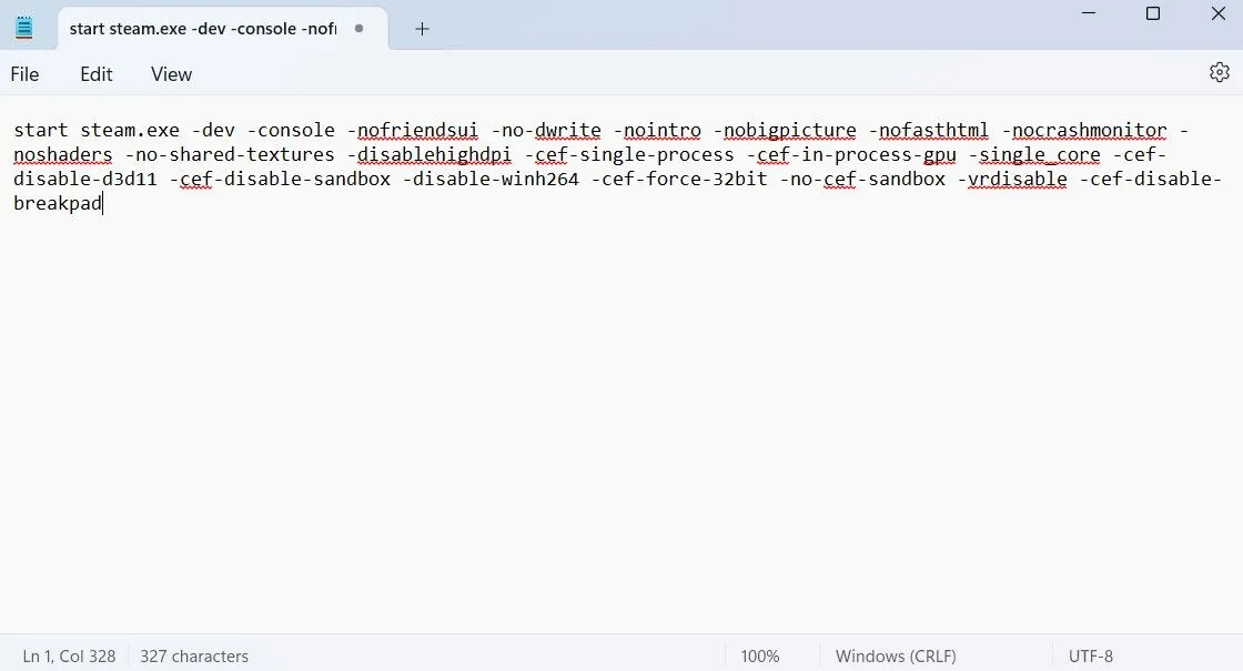 Cửa sổ Notepad hiển thị các lệnh dòng lệnh để tạo tệp tin batch tùy chỉnh cho Steam tối giản.