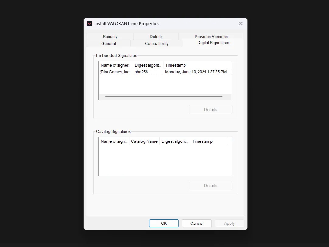 Cửa sổ Properties của file hiển thị thông tin chữ ký số (Digital Signatures) giúp xác minh nguồn gốc phần mềm.