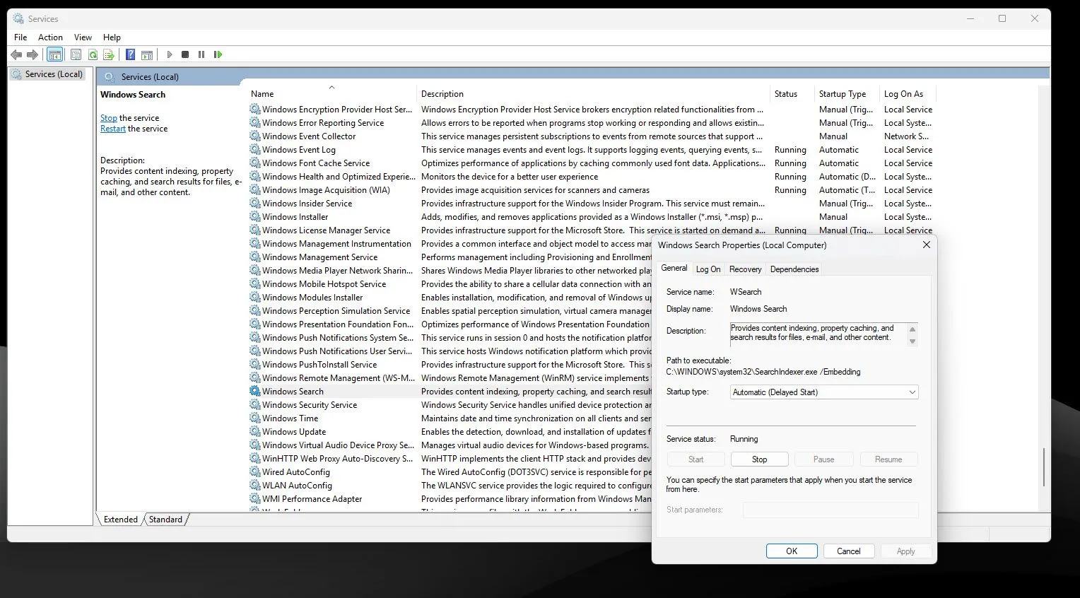 Cửa sổ Quản lý Dịch vụ Windows (Services.msc) hiển thị thuộc tính của dịch vụ Windows Search và tùy chọn vô hiệu hóa