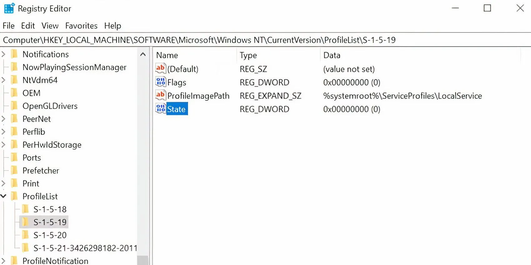 Cửa sổ Registry Editor hiển thị khóa con Profile List, nơi chứa thông tin hồ sơ người dùng cần chỉnh sửa.