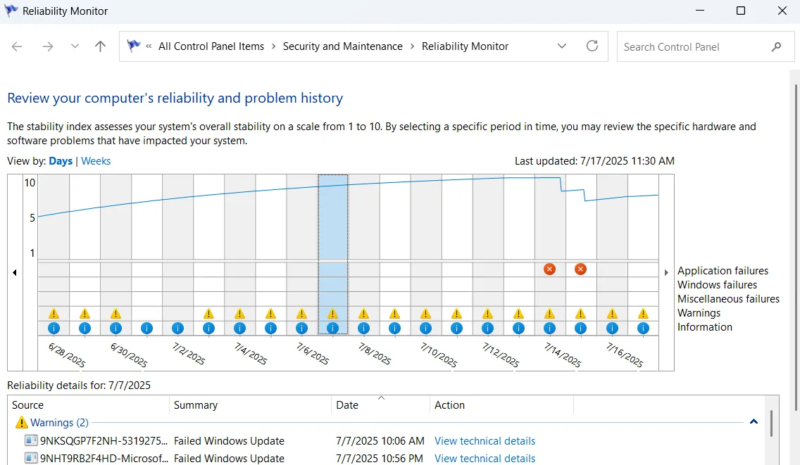 Cửa sổ Reliability Monitor trong Windows 11 hiển thị biểu đồ độ ổn định hệ thống theo thời gian.