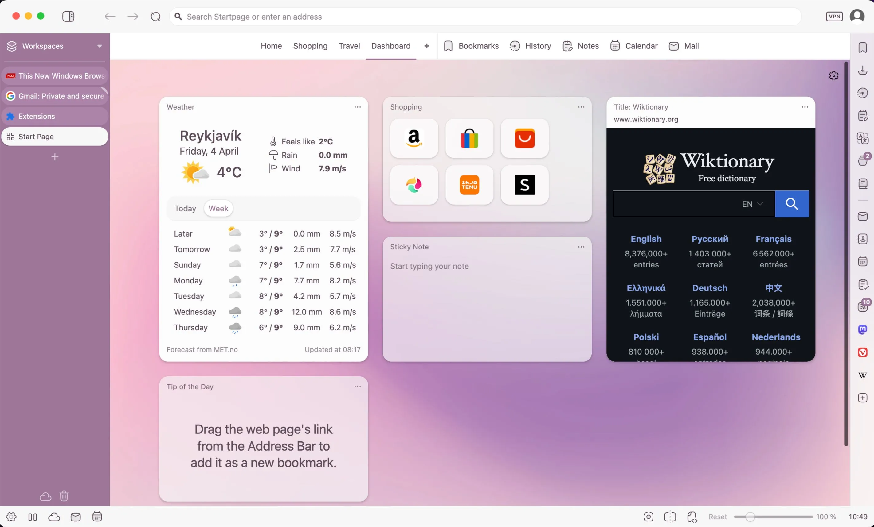 Cửa sổ tab mới của trình duyệt Vivaldi với bảng điều khiển tích hợp hiển thị các công cụ và thông tin.
