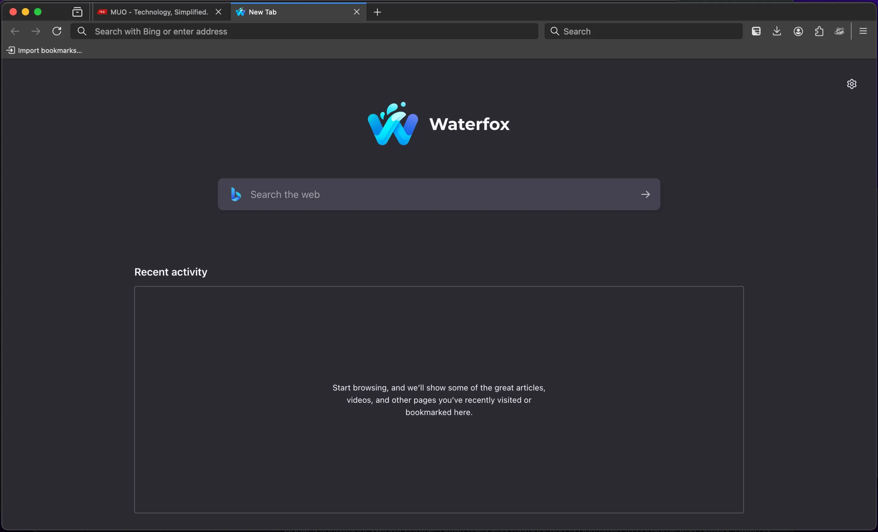 Cửa sổ tab mới của trình duyệt Waterfox trên máy Mac, với giao diện quen thuộc của Firefox.