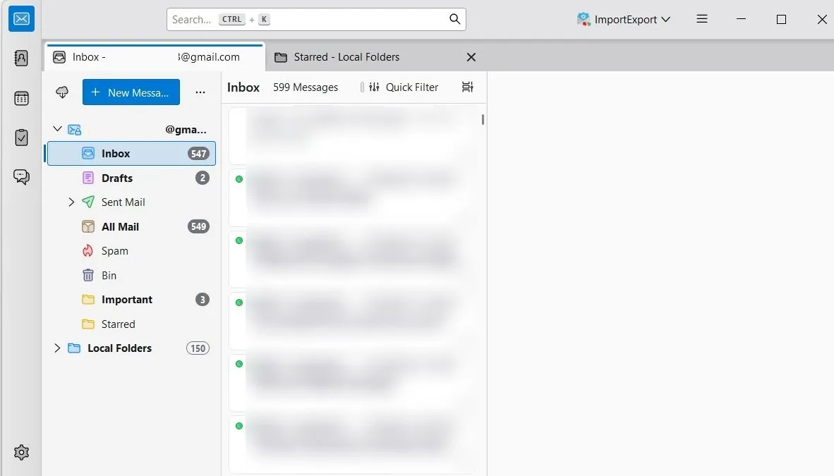 Cửa sổ Thunderbird hiển thị tài khoản Gmail đã thêm và thư mục cục bộ.