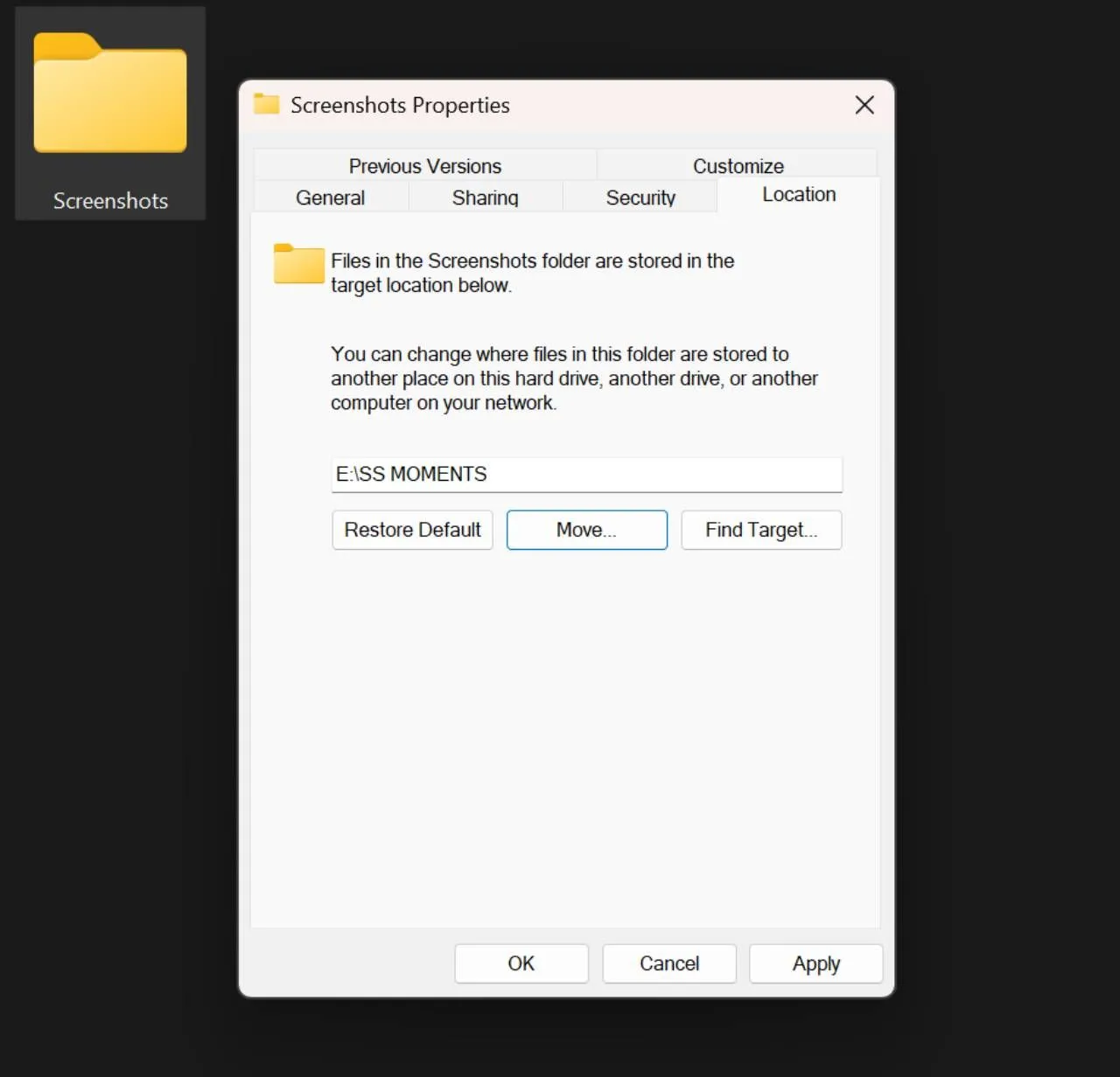 Cửa sổ Thuộc tính của thư mục Screenshots với tab Vị trí đang được chọn