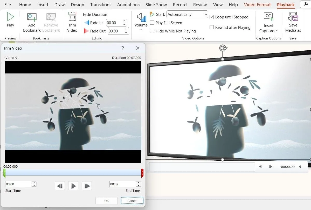 Cửa sổ Trim Video trong PowerPoint, cho phép cắt bỏ các phần không mong muốn và điều chỉnh thời lượng phát của video.