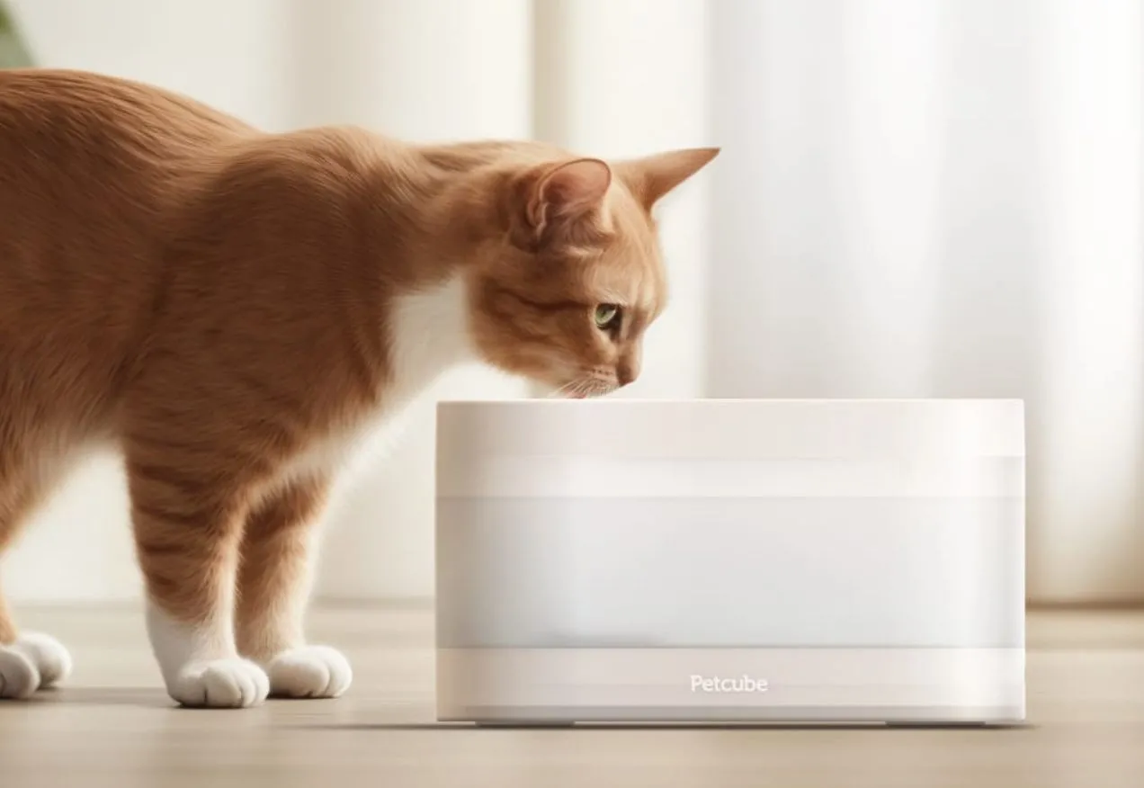 Đài phun nước lọc Petcube cho thú cưng với hình ảnh một chú mèo đang uống nước.
