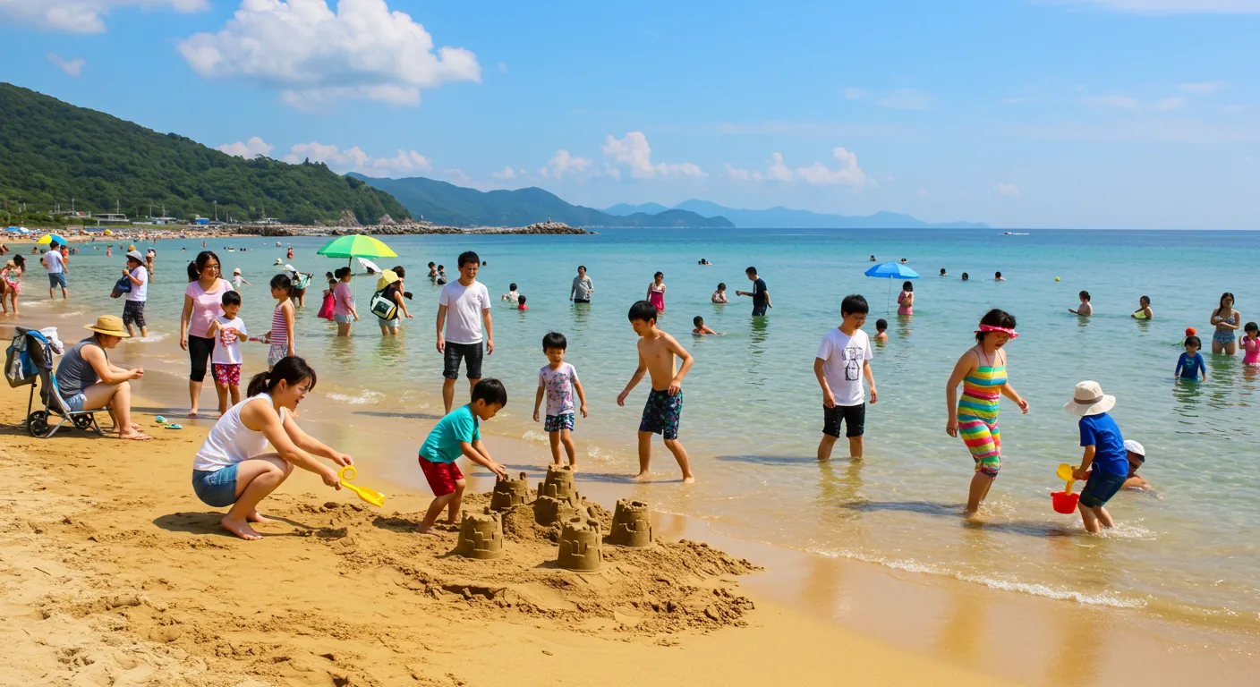 Đám đông người chơi trên bãi biển với những nhân vật ở hậu cảnh bị mờ, biến dạng và không rõ nét do AI tạo