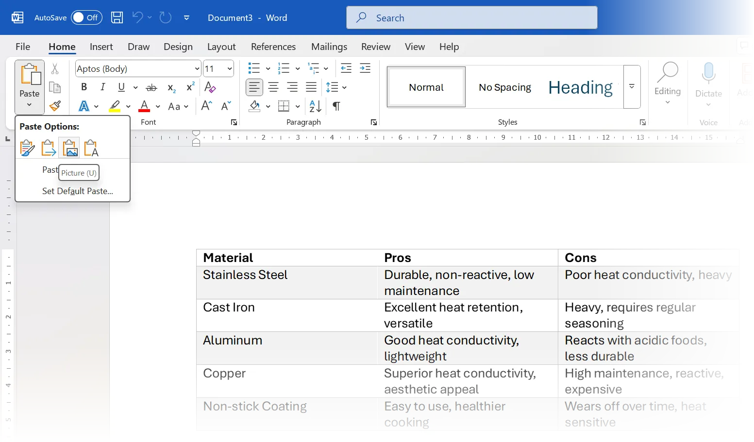 Dán văn bản hoặc bảng dưới dạng hình ảnh (Picture) trong Microsoft Word.