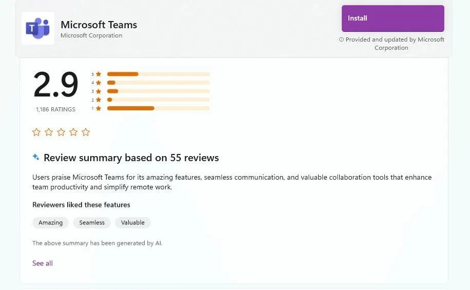 Đánh giá Microsoft Teams 2.9 sao và tóm tắt AI trên Microsoft Store