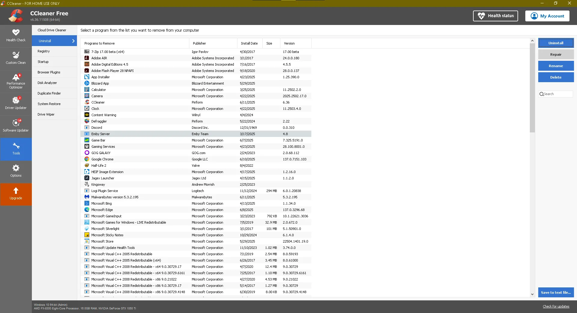 Danh sách các chương trình đã cài đặt hiển thị trong giao diện CCleaner trên máy tính Windows