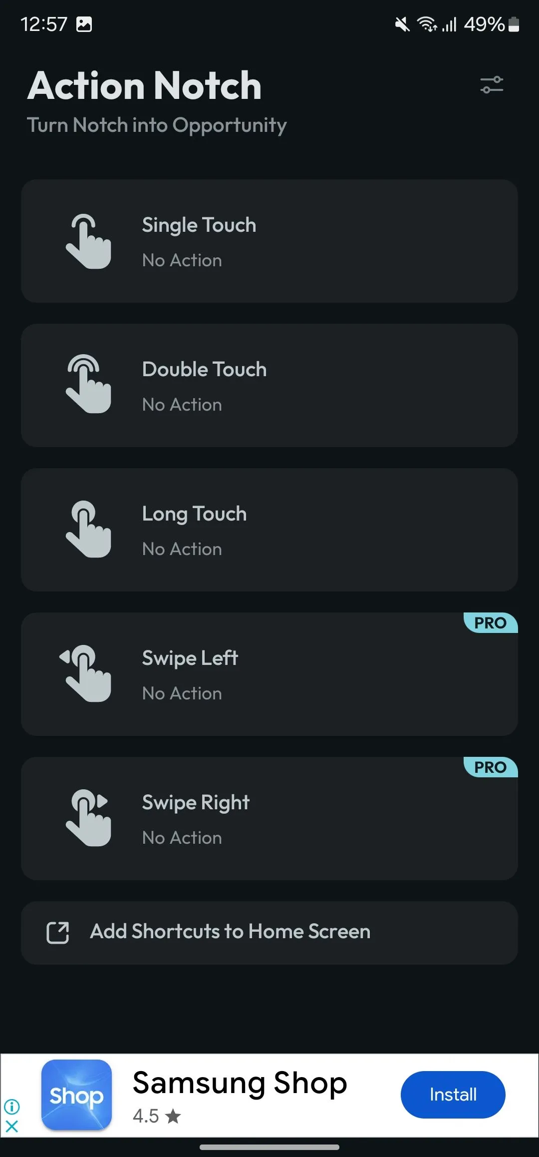 Danh sách các cử chỉ được hỗ trợ trong ứng dụng Action Notch, với tùy chọn 'Cuộn lên đầu trang' được chọn